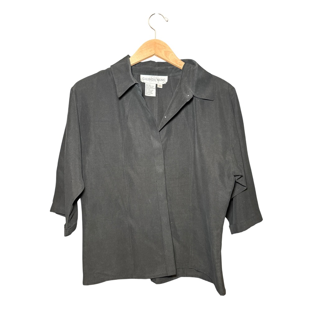 Galinda Wang Black 100% Silk 3/4 Sleeve Collared Button Down Blouse Size 8